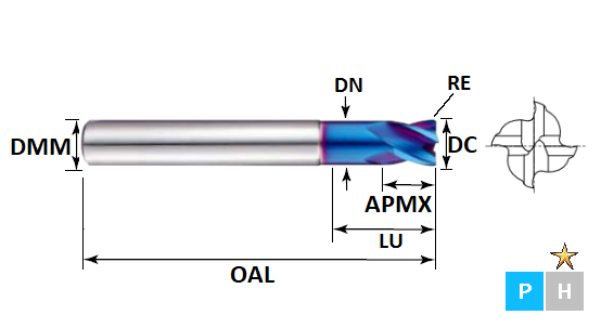 4.0mm 4 Flute 0.5mm Corner Radius Extended Neck (20mm Effective Length) Short Length Pulsar Blue Carbide End Mill